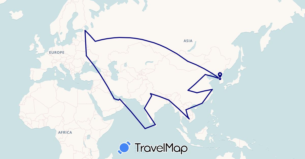 TravelMap itinerary: driving in United Arab Emirates, Bangladesh, China, India, Cambodia, South Korea, Laos, Sri Lanka, Mongolia, Maldives, Qatar, Russia, Ukraine (Asia, Europe)